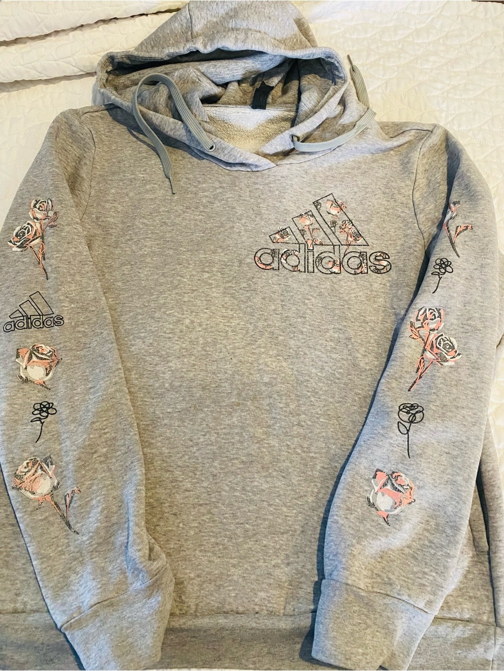 adidas Gray Pullover Hoodie with Pink Floral Logo Accents